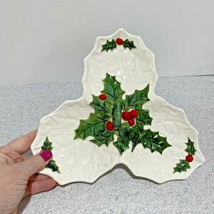 Vintage LEFTON WHITE HOLLY 3-part relish dish 1972/73 #6059 center handle tray